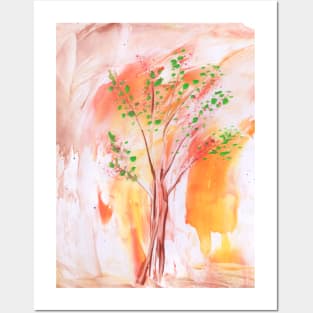 Plant, landscape, spring, summer, nature, ecology, trees, art. Hand drawn color illustration, painting, encaustic, wax. Posters and Art